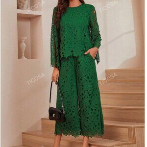 Women STYLEWE Guipure Lace Wide Leg Pants Comfy Fit Set in Green Size 2XL